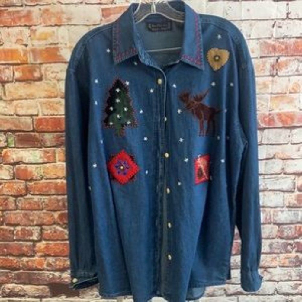 New Direction Christmas Embroidered Button Down - image 1